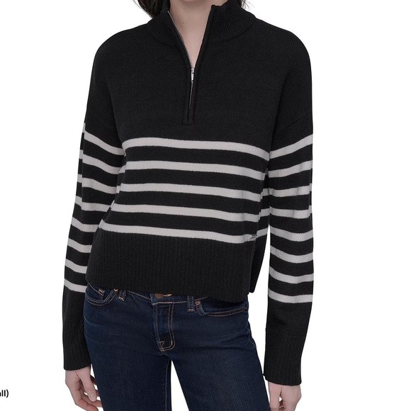 Dkny Sweaters - DKNY Womens Striped Quarter Zip Sweater Black White Mock Neck Medium NWT